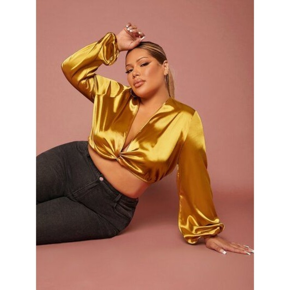Gold Satin Twist Front Crop Top Long Lantern Sleeve V-Neck Plus Size 3XL